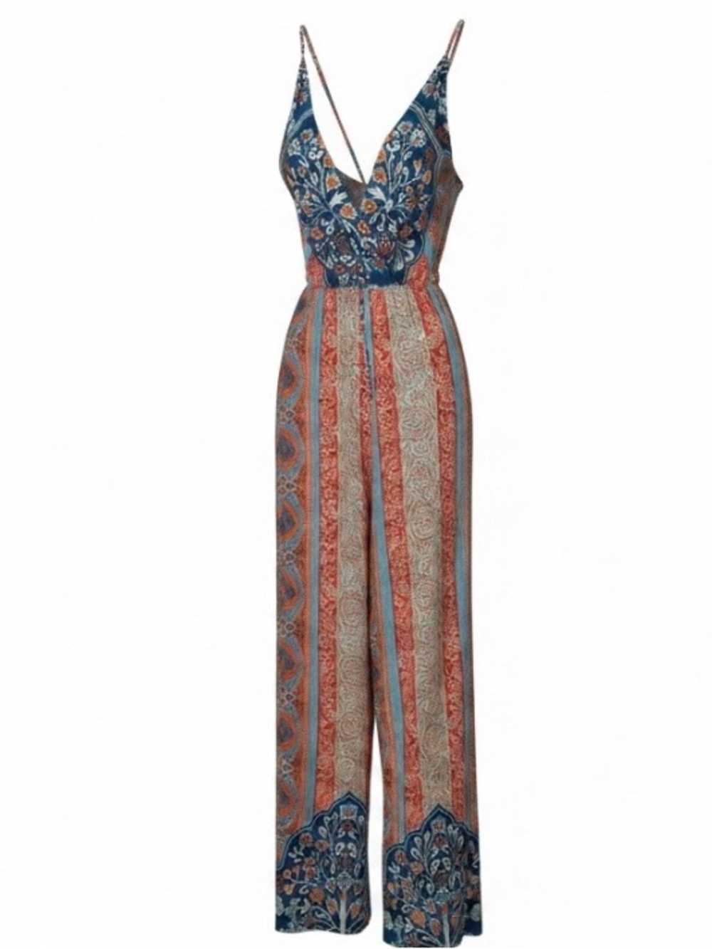 Printed V-Neck Wide-Leg Jumpsuit in Blue and Rust